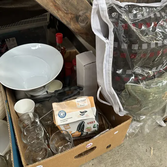 Box lot including large bowl and cushions etc.