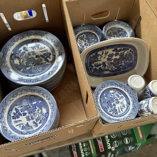 Three boxes of Churchhill blue and white dinnerware etc.