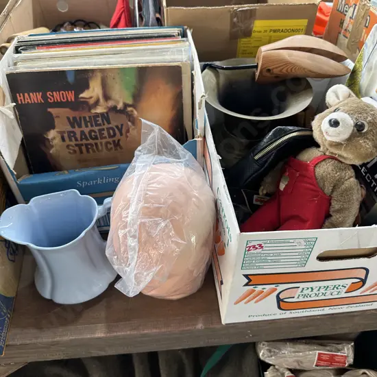 Large brass vase, records, Johnson bros jug etc.