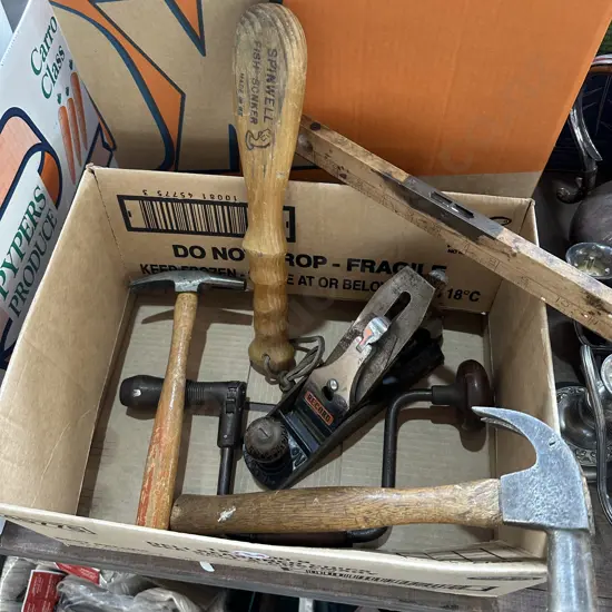 Box of tools including Record number 4 plane, level and hammers etc.