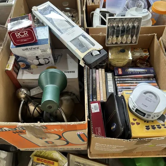 Two boxes, discman, lamps, DVDs and chocolate melting pot etc.