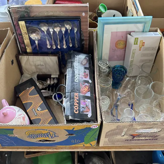 Two boxes Rodd silverware, cake tray, remote control sockets etc.