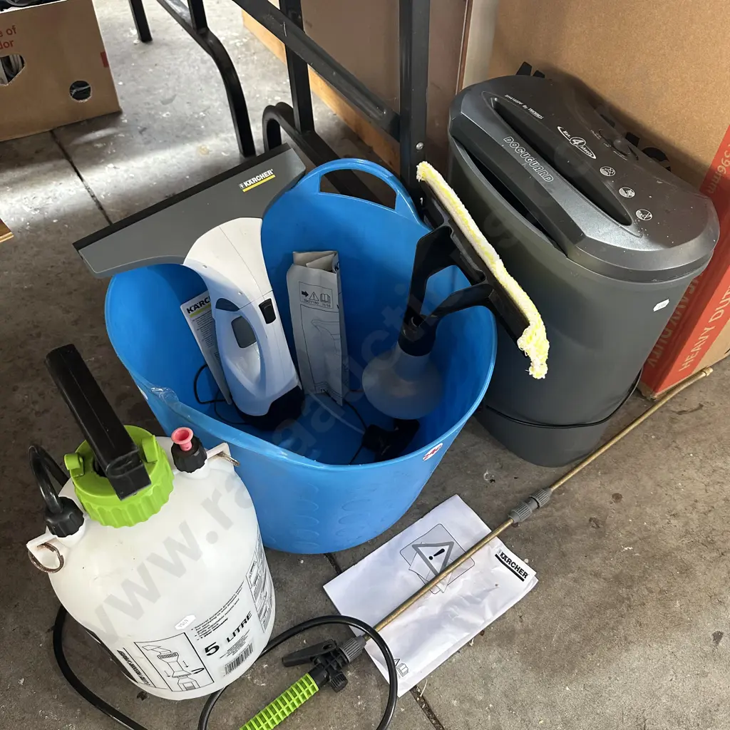Paper shredder, Karcher window vac,carry bin and 5L sprayer. Image 1++