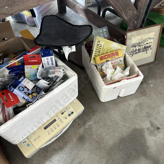 Bay lot Tri fold camp stool, Printer and selection of new inks, books and picture.