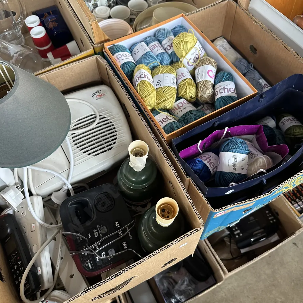 Two boxes large selection of wool, heater and pair of lamps etc. Image 1++