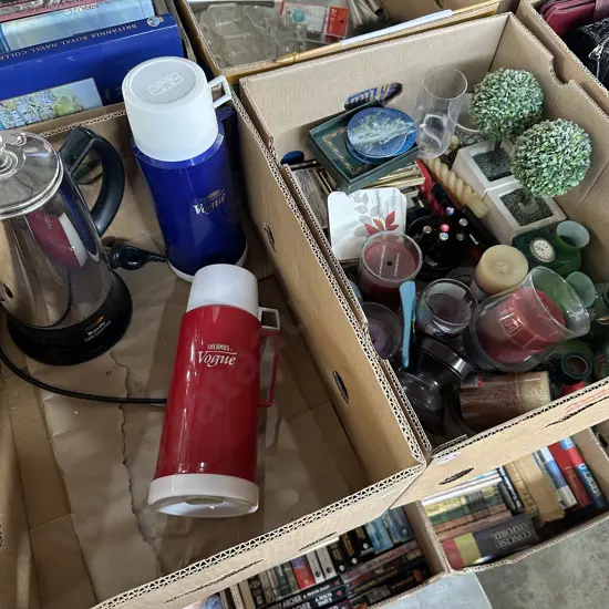 Two boxes Cafe jug, candles and picture frames etc.