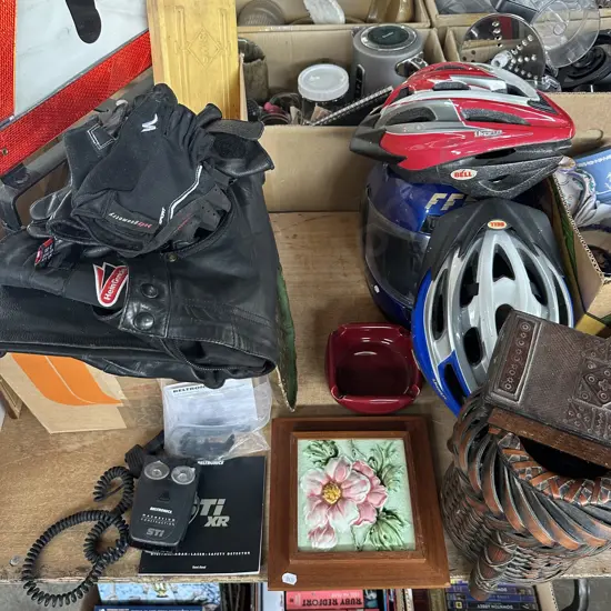 Motorbike helmet gloves and pants, Digital radar detector, roadside warning etc.