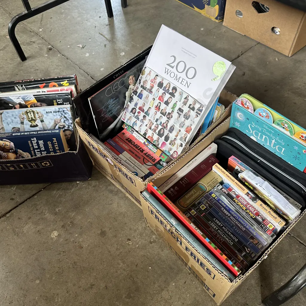 Three boxes assorted books, records and DVDs etc. Image 1++