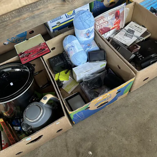 Three boxes cassette tape recorders, CD alarm clock radio, acrylic baby yarn etc.