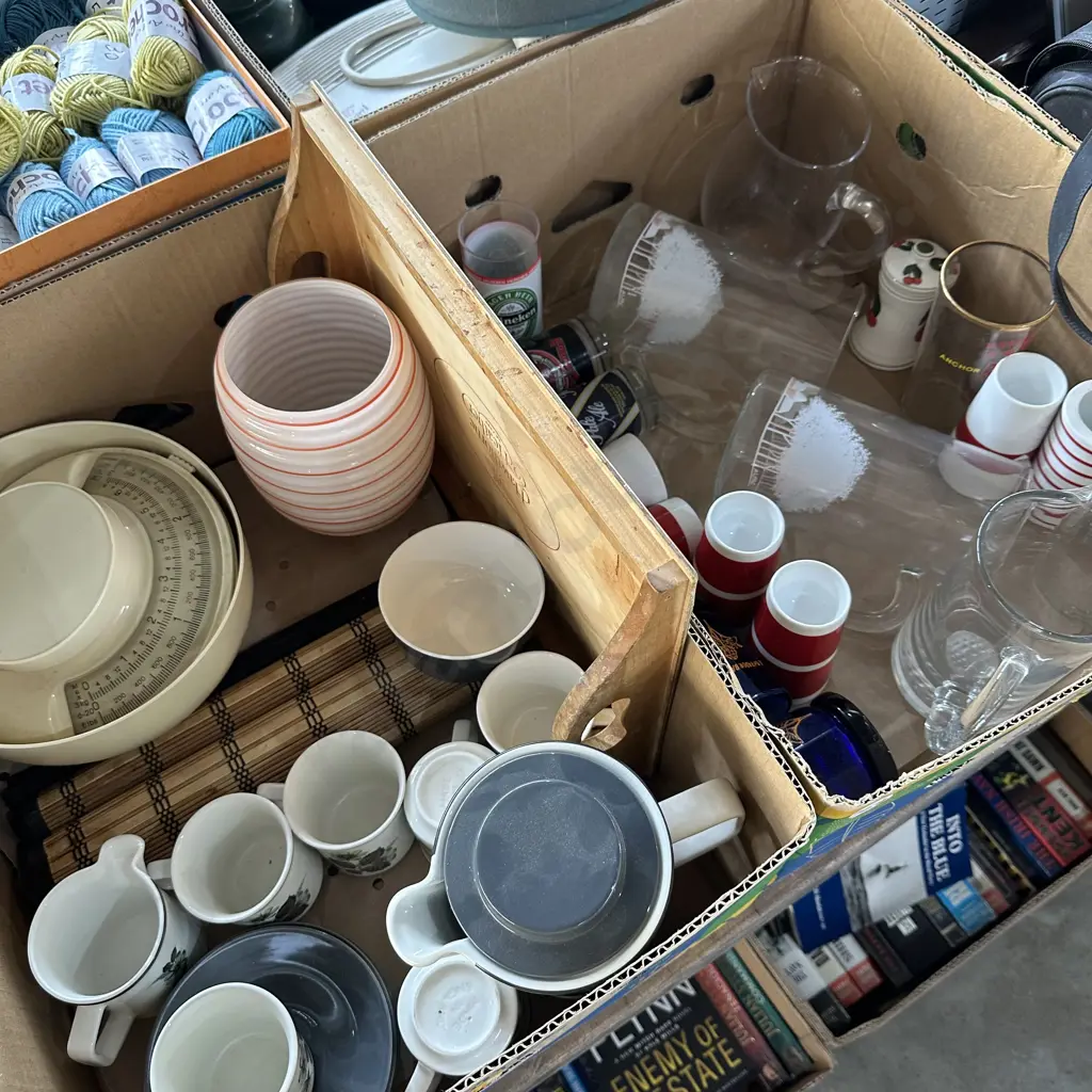 Two boxes Johnson bros coffee set, tray, glasses, scales etc. Image 1++