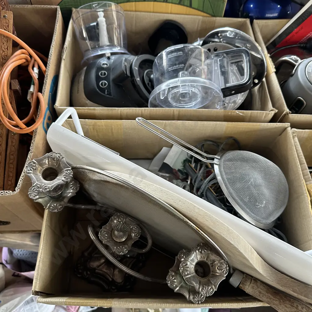 Two boxes kitchen wizz, silver candle stick, mixer, breadboard etc. Image 1++