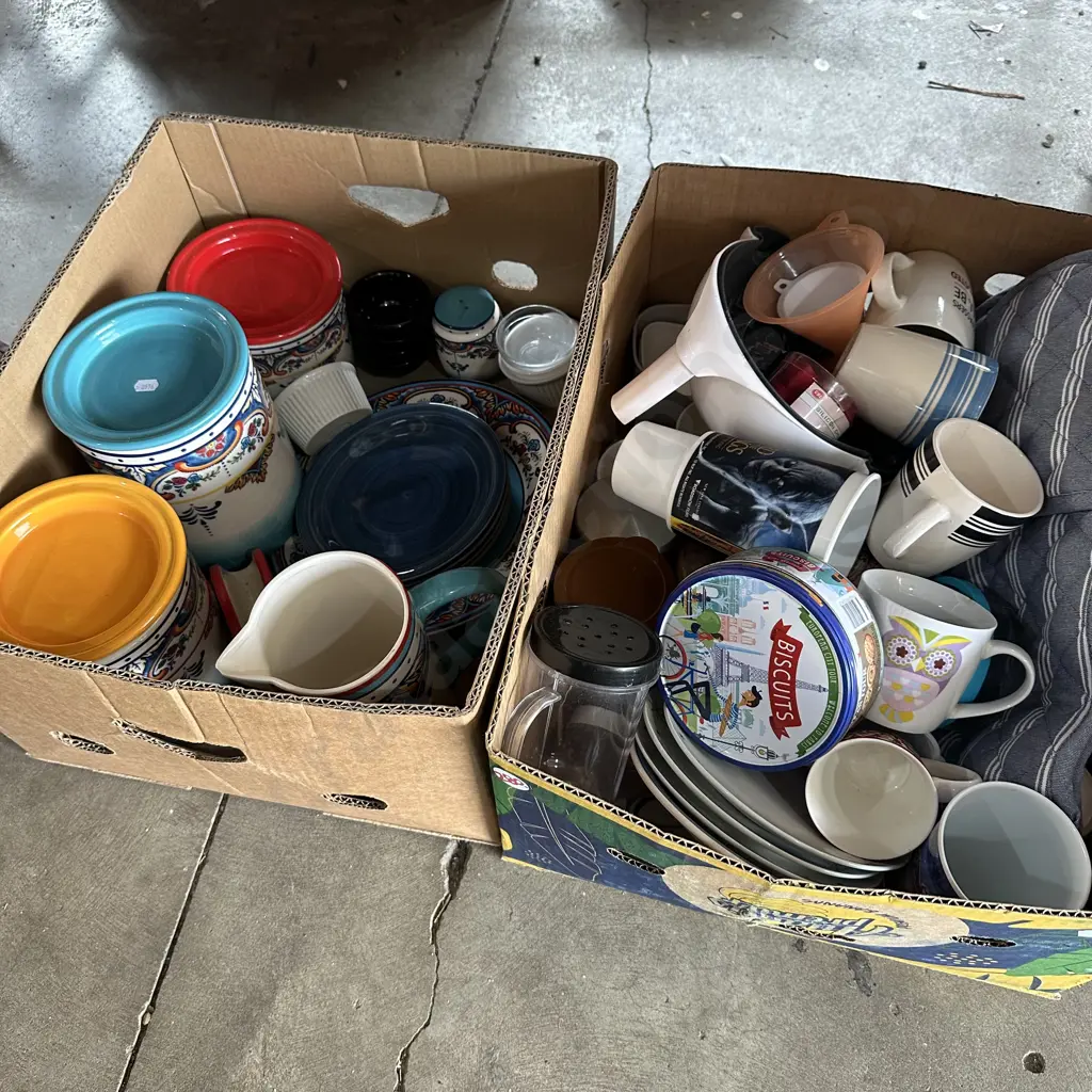 Two boxes, colourful creamic storage containers plate cup jug etc. Image 1++