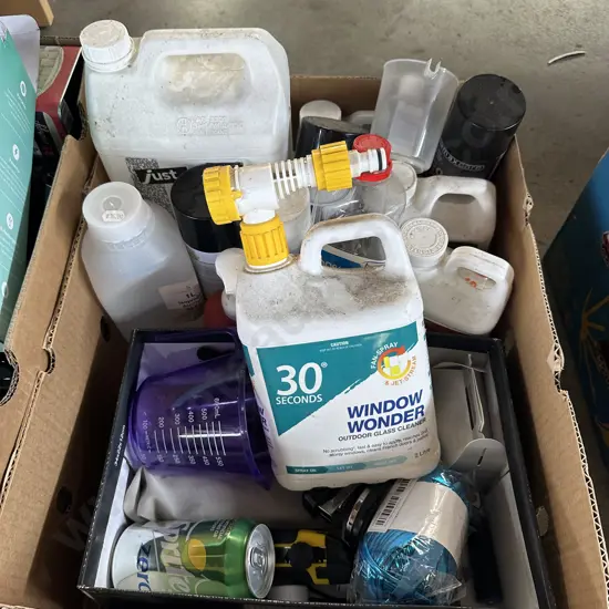 Box of cleaners, weed spray, turps etc.