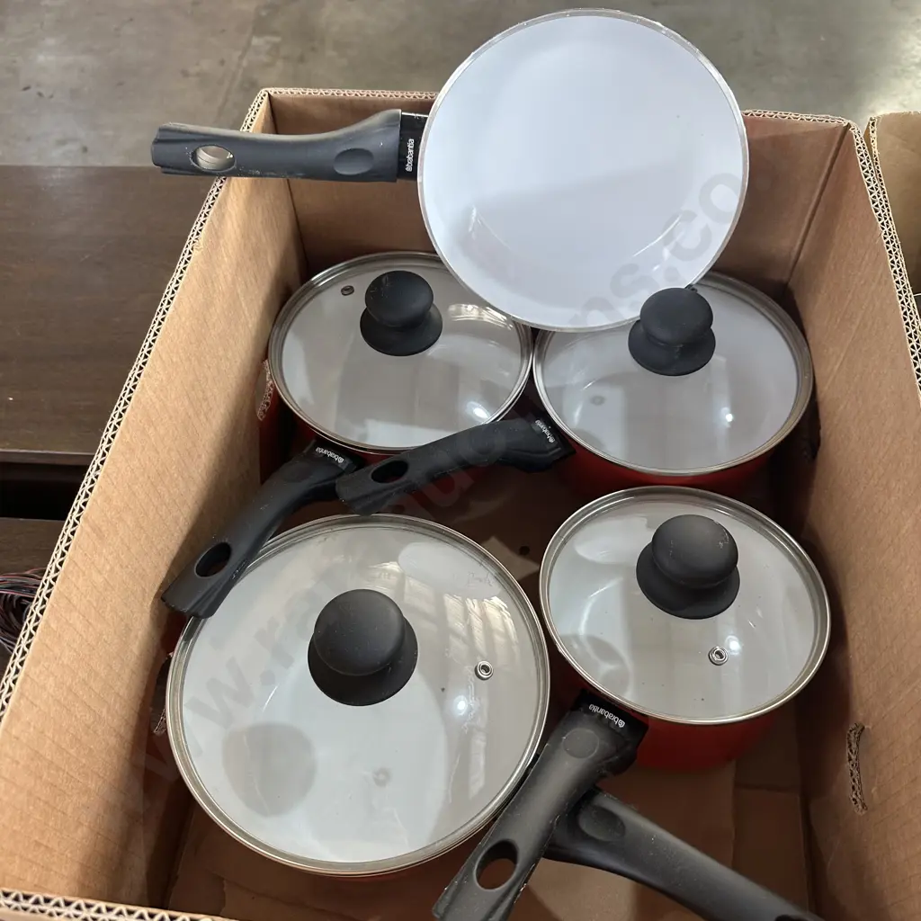 Box lot of Brabantia lidded pots and frying pan. Image 1++