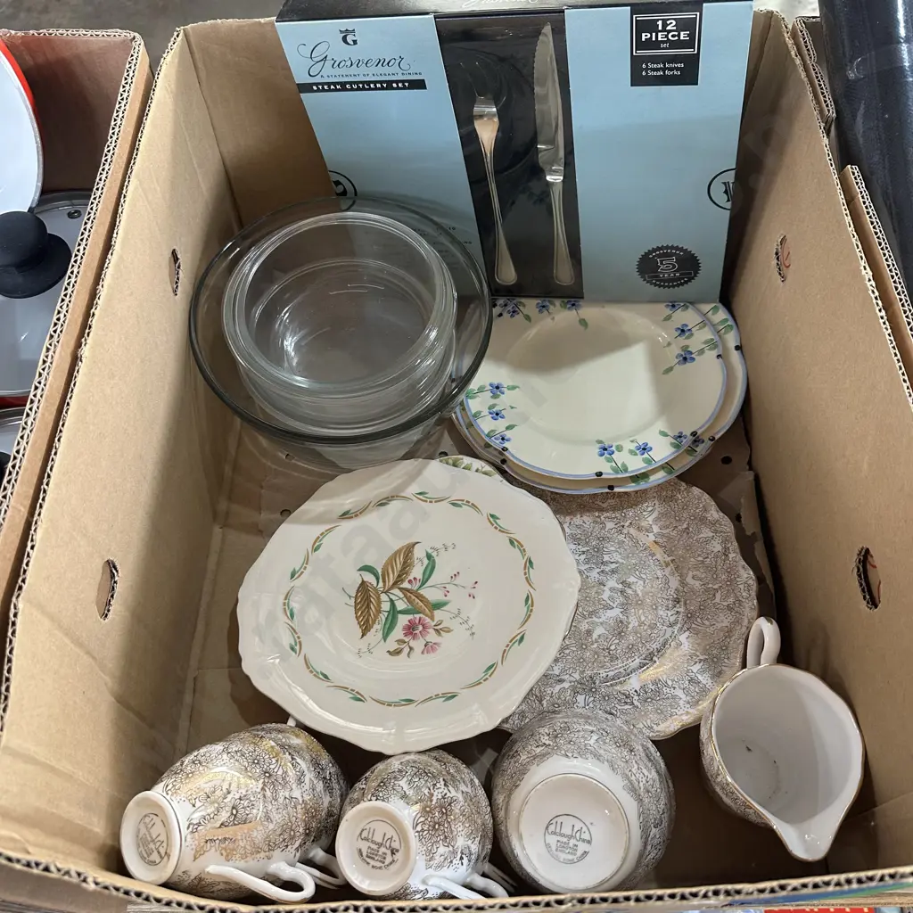 Box of english china and steak cutlery set etc. Image 1++