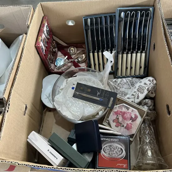Box of cutlery, crystal vase etc.