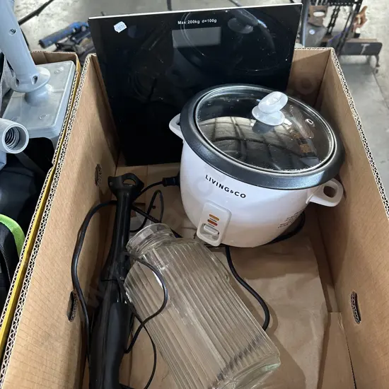 Digital scales, rice cooker, stick blender and glass jug.