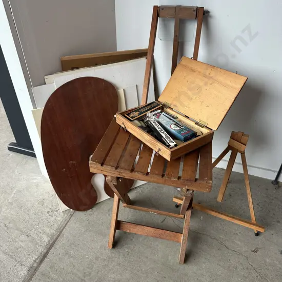 Artist stool, case of bits and canvas etc