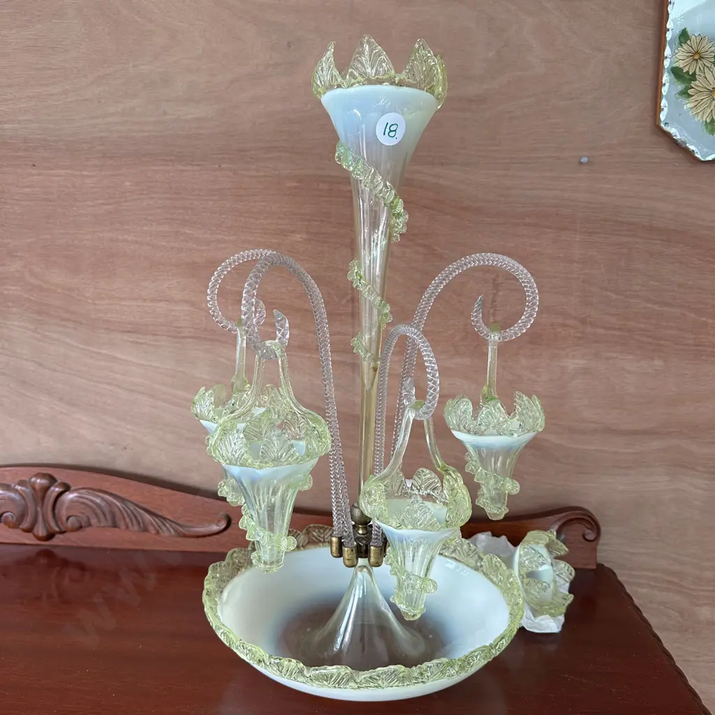 Victorian opalescent vaseline art glass epergne - incomplete Image 1++