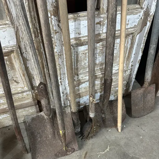 Selection of garden tools, rammer and wrecking bar etc.