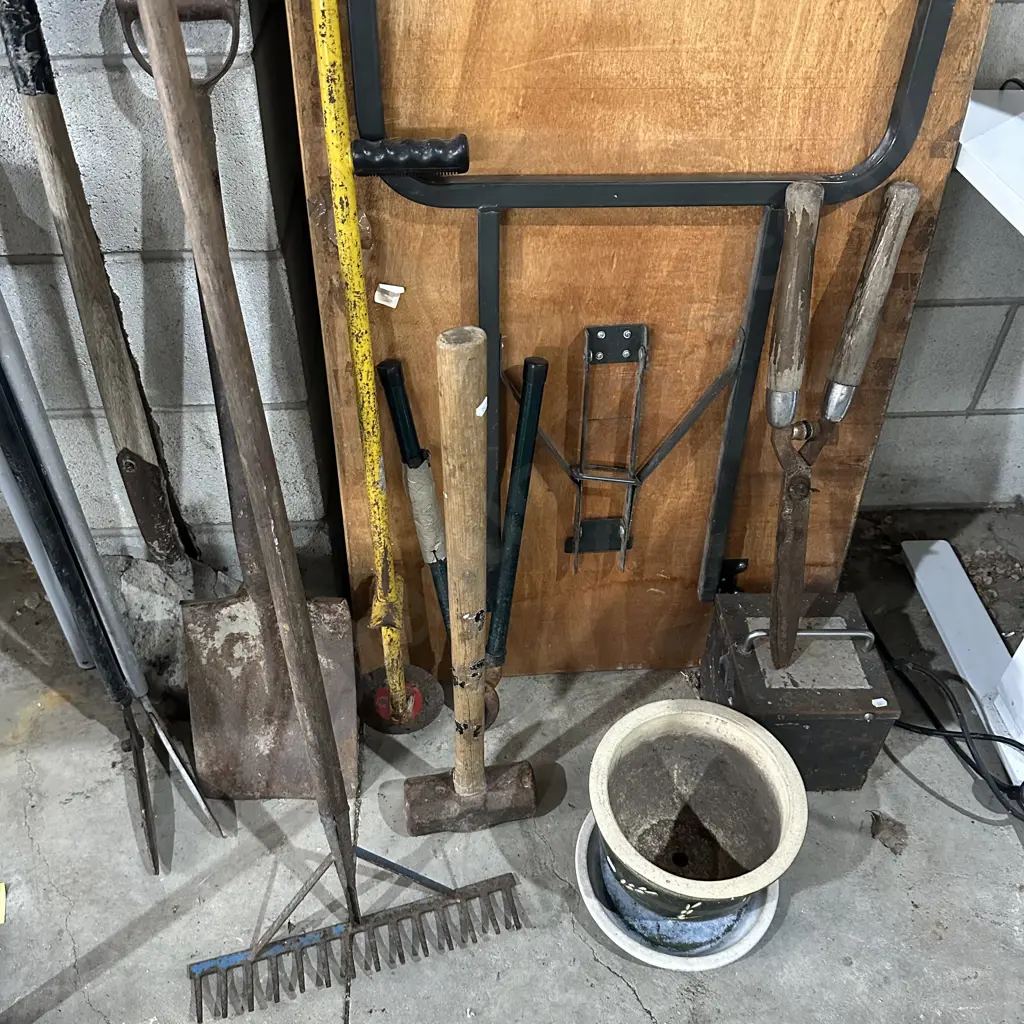 Large lot of garden tools, sledge hammer, planter and transformer. Image 1++