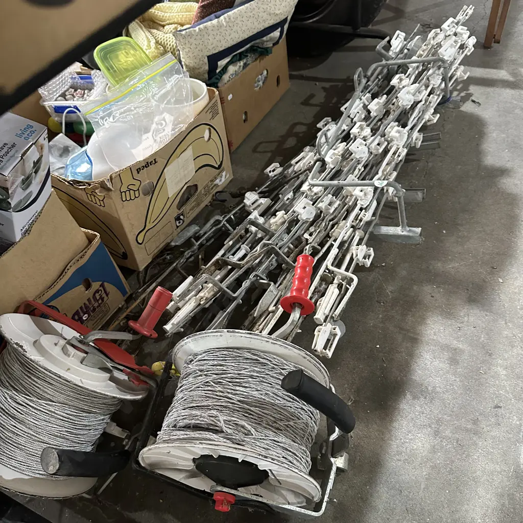 2 reels of electric fence plus standards and motobike attachment Image 1++