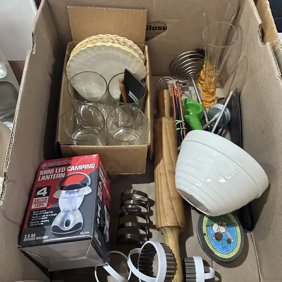 Box glassware, crystal, shells, LED camping lantern etc.