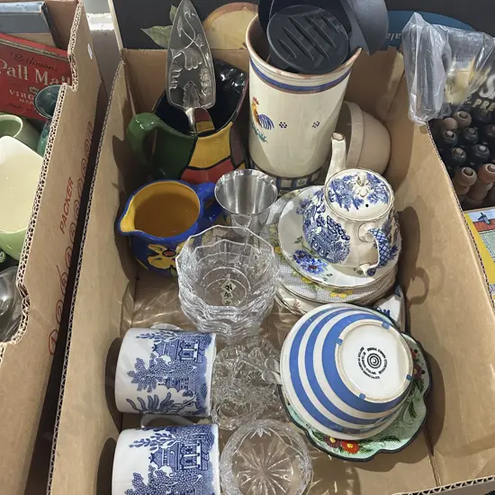Box of crystal, english china and cornish kitchenware etc.