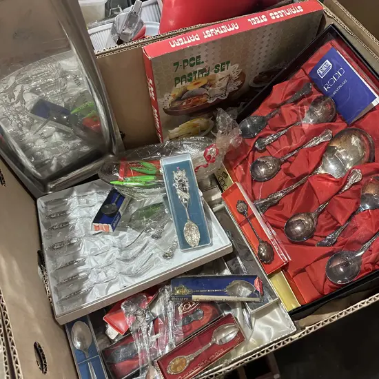 Box lot of cased silverware, stainless steel pastry set, tray etc.