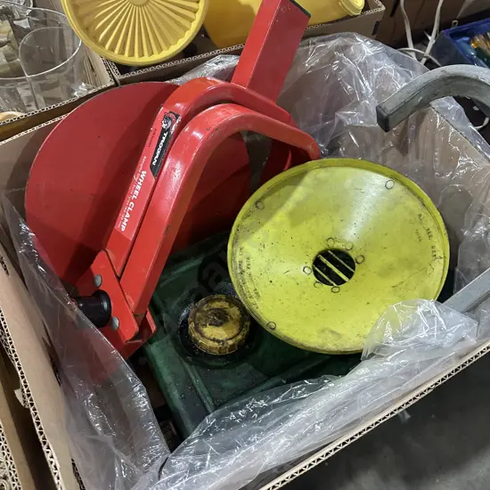 Wheel lock and oil change container.