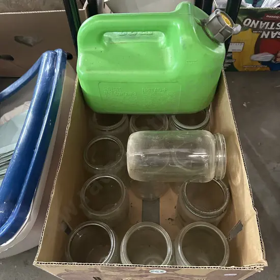 Box of jars plus jerry can and contents.