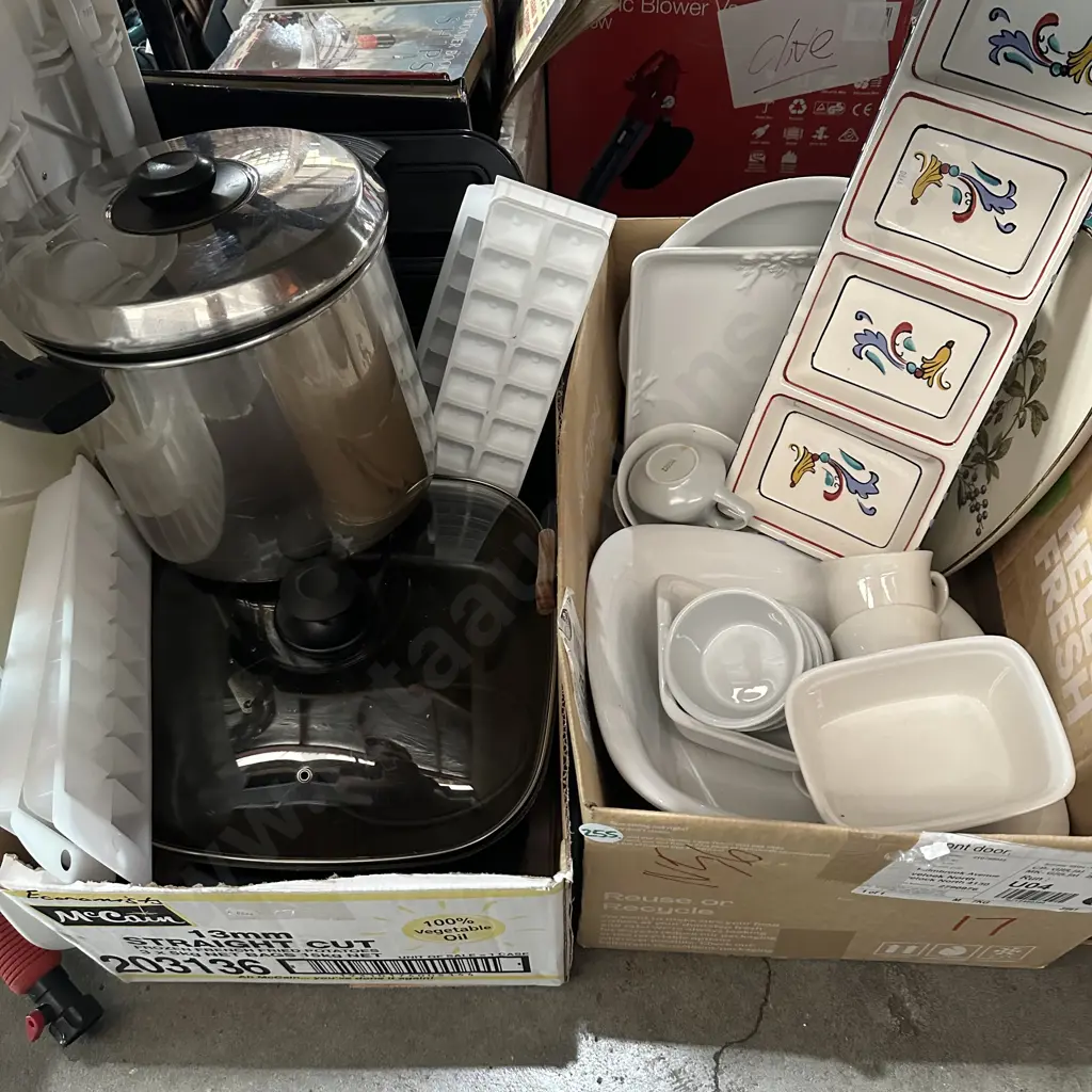 Two boxes stock pot, electric frying pan, serving plates etc. Image 1++