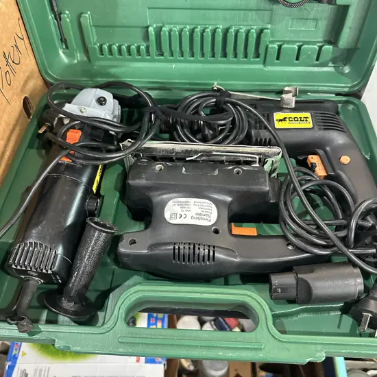 Colt electric drill, sander, grinder set plus case.