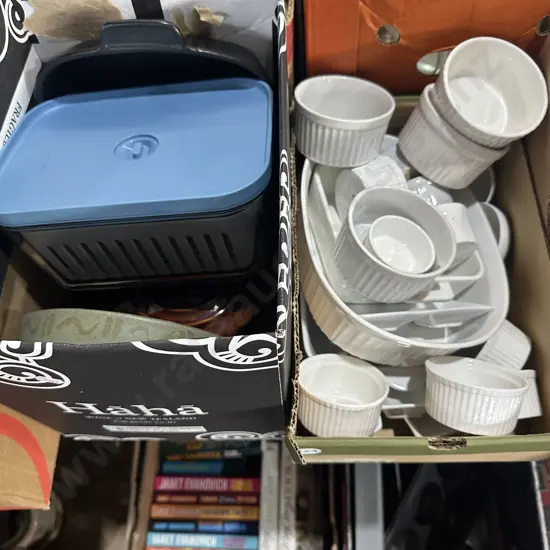 Two boxes Maxwell Williams homeware, KitchenAid glass storage etc.