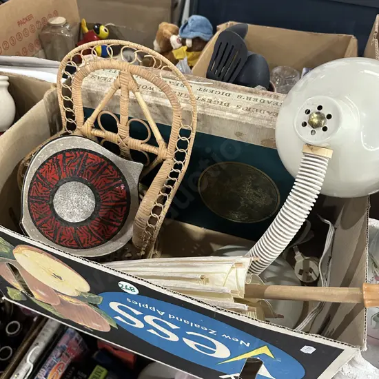 Dolls cane chair, fan, German pottery bowl etc.