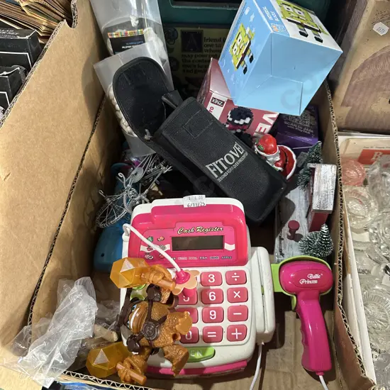 Box of toys, craft sea shells and fitover glasses etc.