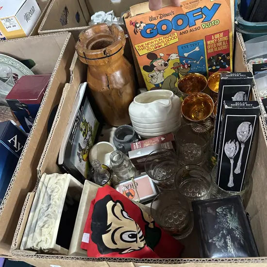 Box english pottery and china, silverware, Walt Disney comics etc.