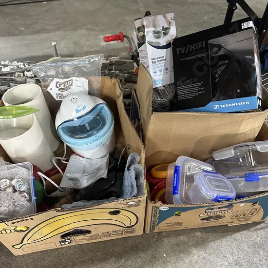 Two boxes Headphone set, snowy dessert maker, sistema containers etc.