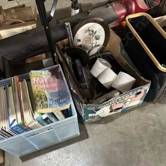 Books, frypan, basket etc.