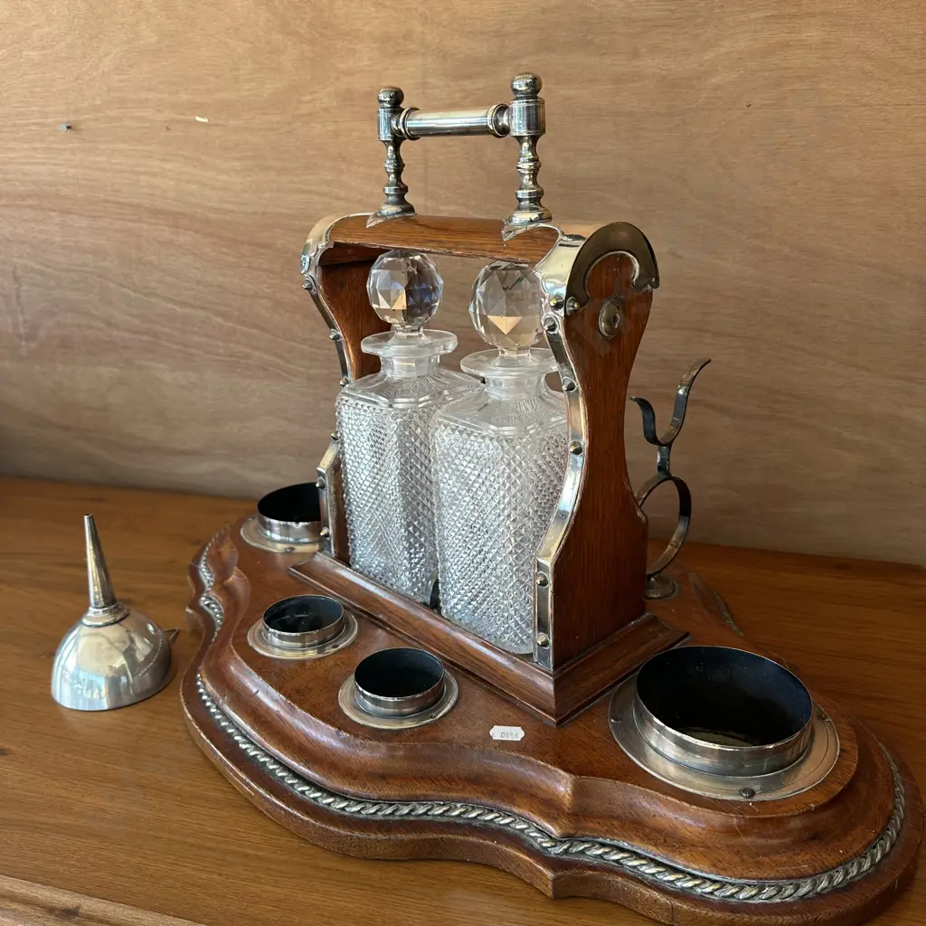 Twin decanter tantalus with wine bottle & wine glass provision on large 58cm base, plus sieve Image 1++