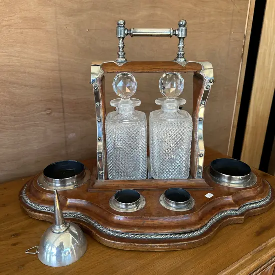 Twin decanter tantalus with wine bottle & wine glass provision on large 58cm base, plus sieve