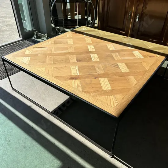 Parquet style Oak coffee table on metal base 12000 x 1200