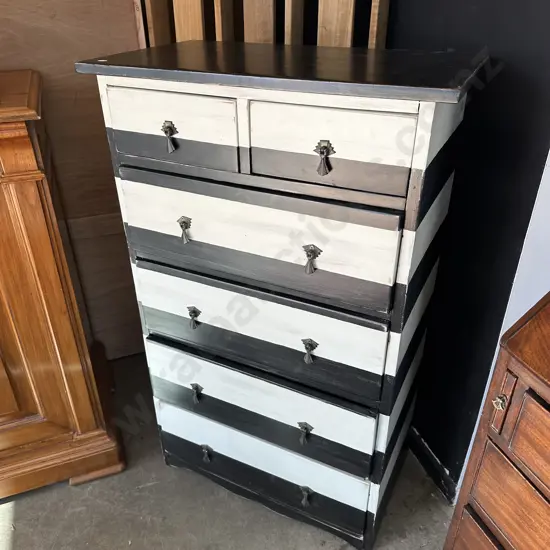 Ex Birdwoods solid Rimu tallboy with Art Deco draw pulls in a Magpies style