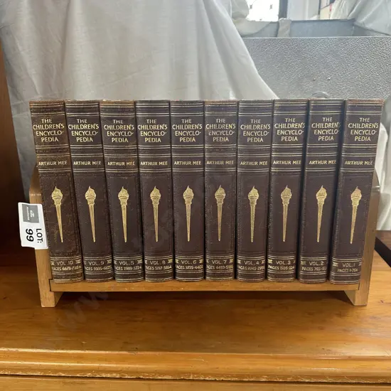 1st edition Leather bound Children's encyclopedia -good condition set of 10 plus stand