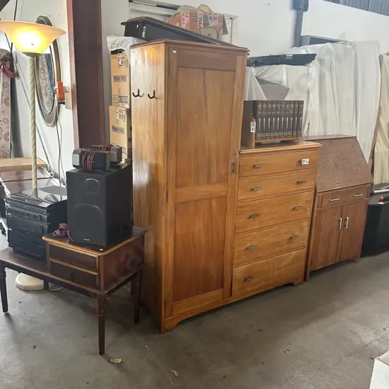 Rimu wardrobe/drawers plus writing desk and side table