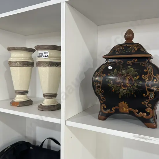Pr vases (chipped)and lidded urn