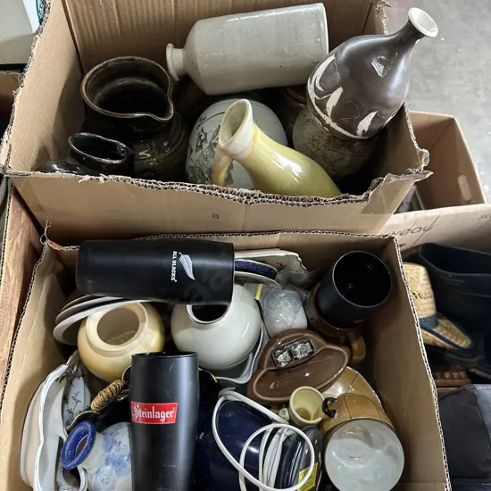 2 boxes pottery etc