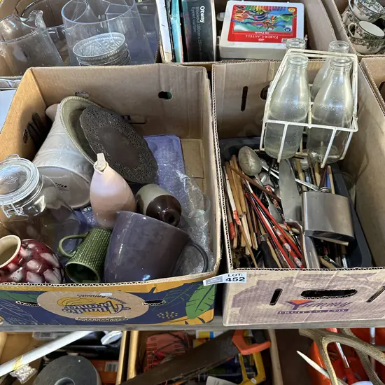 2 boxes cuttlery, milk bottles etc