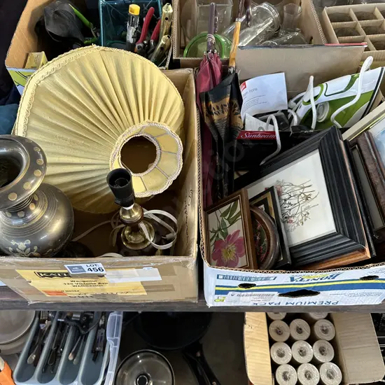 3 boxes , lamps, pictures, new iron, sleep bag etc