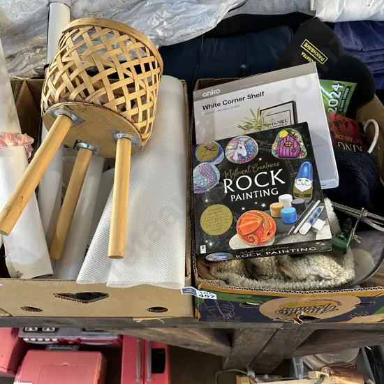 2 boxes, corer, posters, corner shelf etc